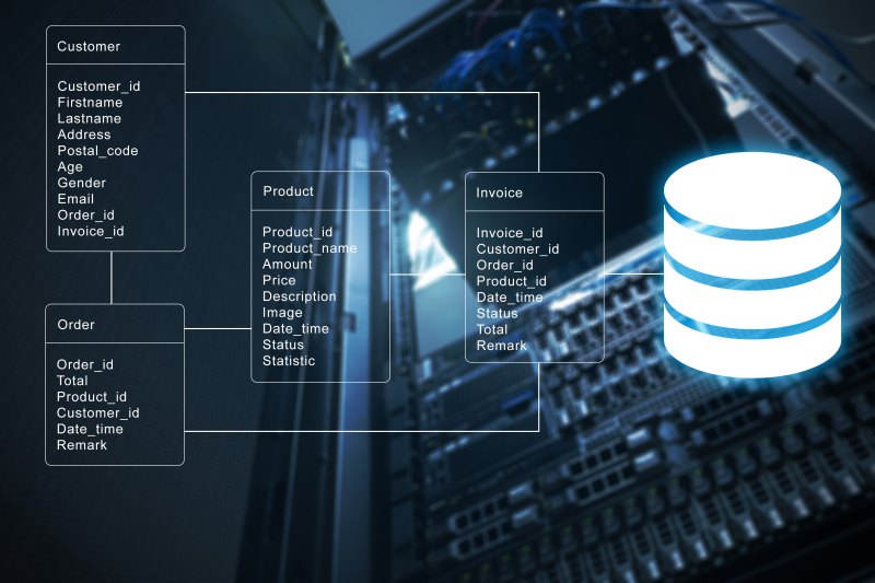 Conceptual database design shown over a technical workstation